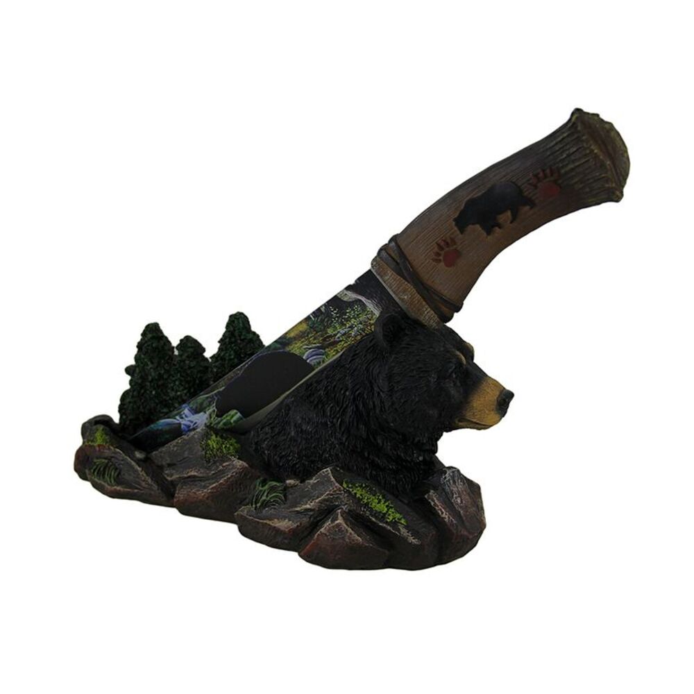 Blade of the Bear Rustic Black Bear Decorated Fixed Knife and Holder Set